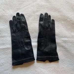 Vintage Kid Leather Black Gloves w/ White Stitch